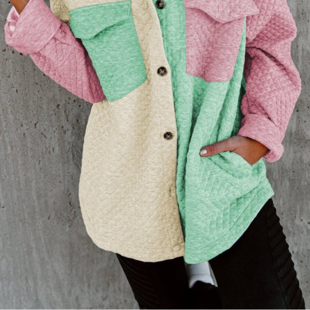 Colorblock Button Front Quilted Shacket - Picture 3 of 5